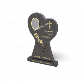 Фигурный памятник из темного гранита в форме большого сердца с гравировкой роз и креста